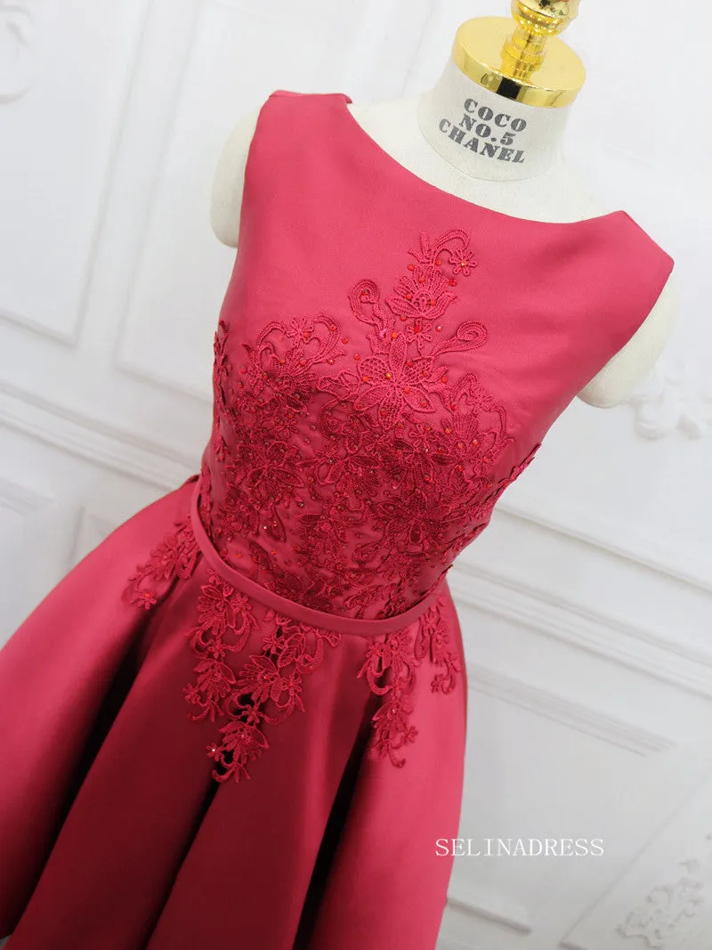 A-line Bateau Red Homecoming Dress With Applique Satin Short Prom Dresses EDS034