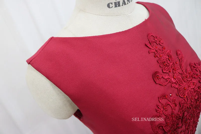 A-line Bateau Red Homecoming Dress With Applique Satin Short Prom Dresses EDS034