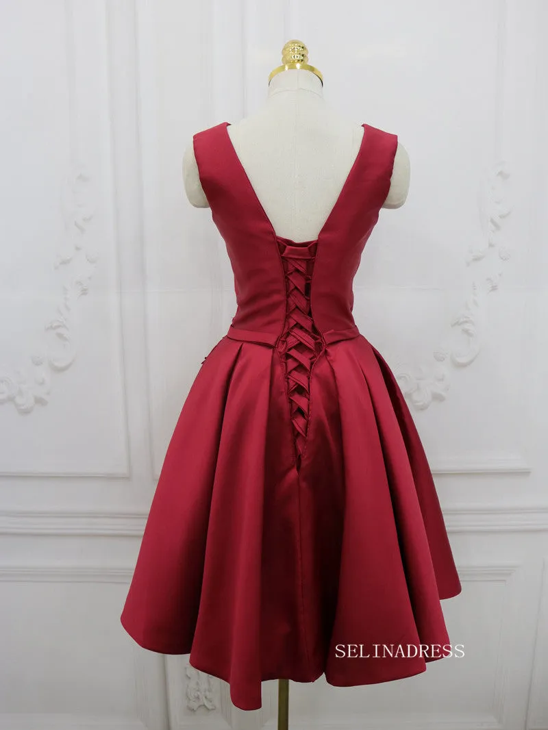 A-line Bateau Red Homecoming Dress With Applique Satin Short Prom Dresses EDS034