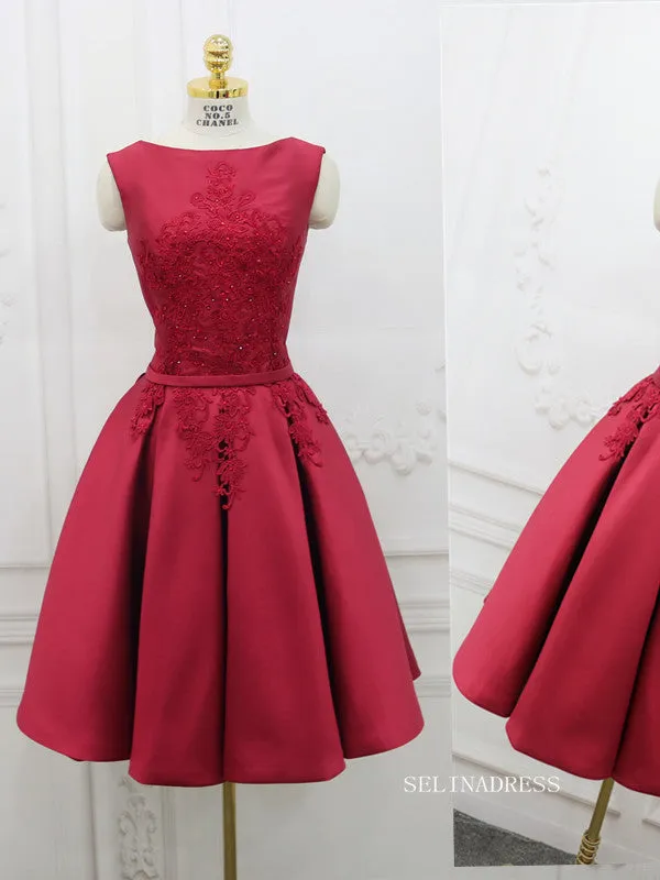 A-line Bateau Red Homecoming Dress With Applique Satin Short Prom Dresses EDS034