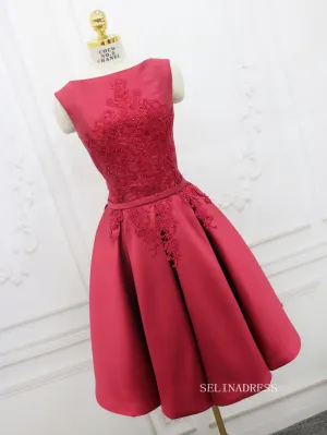 A-line Bateau Red Homecoming Dress With Applique Satin Short Prom Dresses EDS034