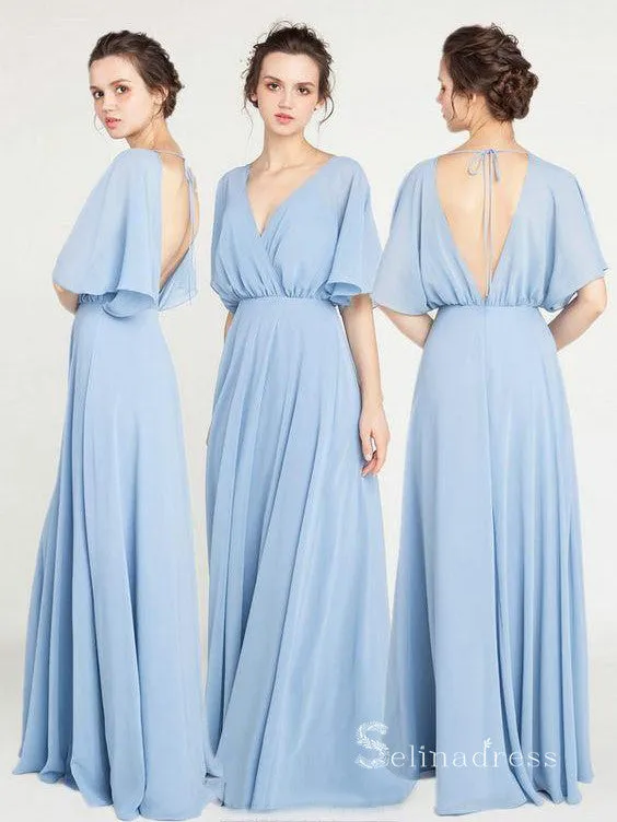A-line Deep V neck Light Sky Blue Bridesmaid Dress Cheap Bridesmaid Dresses BRD005