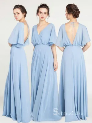 A-line Deep V neck Light Sky Blue Bridesmaid Dress Cheap Bridesmaid Dresses BRD005