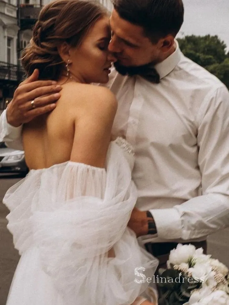 A-line Off-the-shoulder Beaded Rustic Wedding Dresses Ivory Bridal Gowns MHL2805