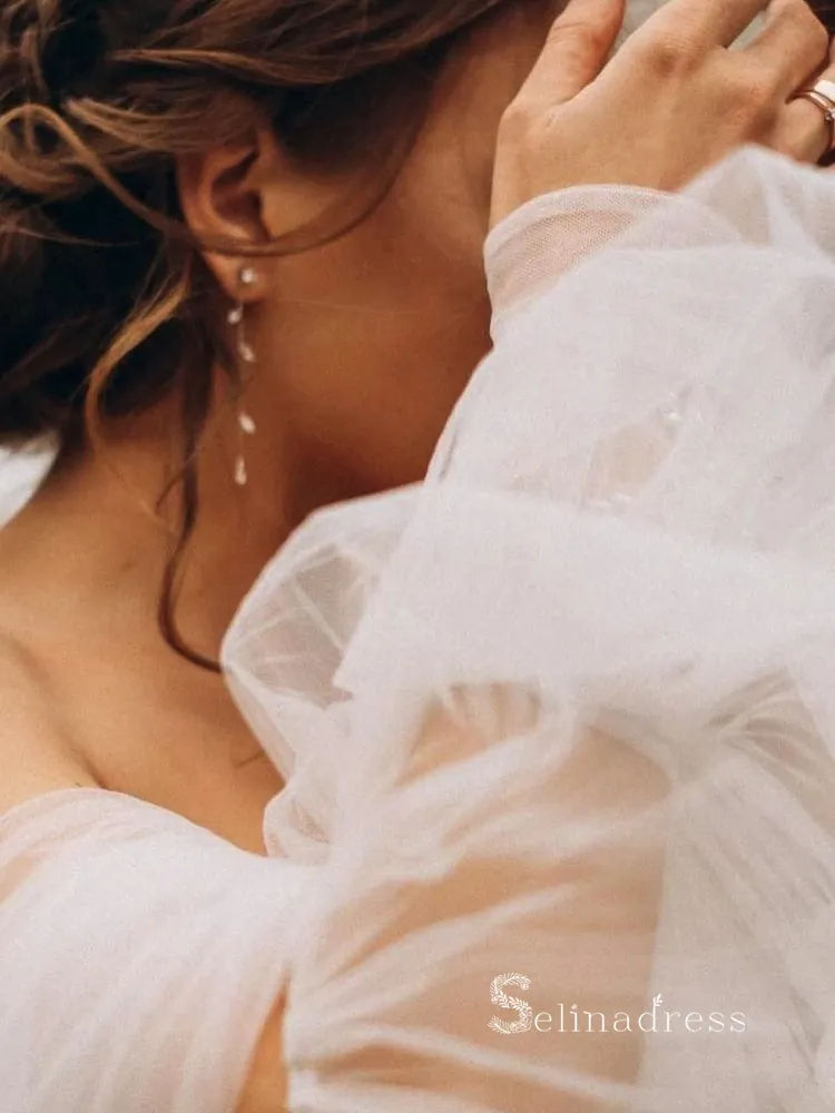 A-line Off-the-shoulder Beaded Rustic Wedding Dresses Ivory Bridal Gowns MHL2805