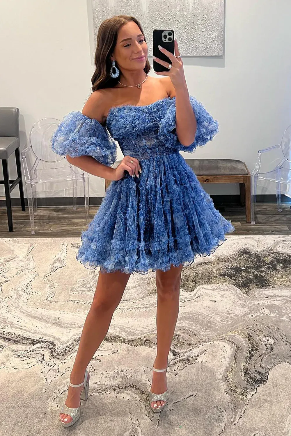 A-line Off-the-shoulder Cheap Short Prom Dress Blue Homecoming Dress kts102