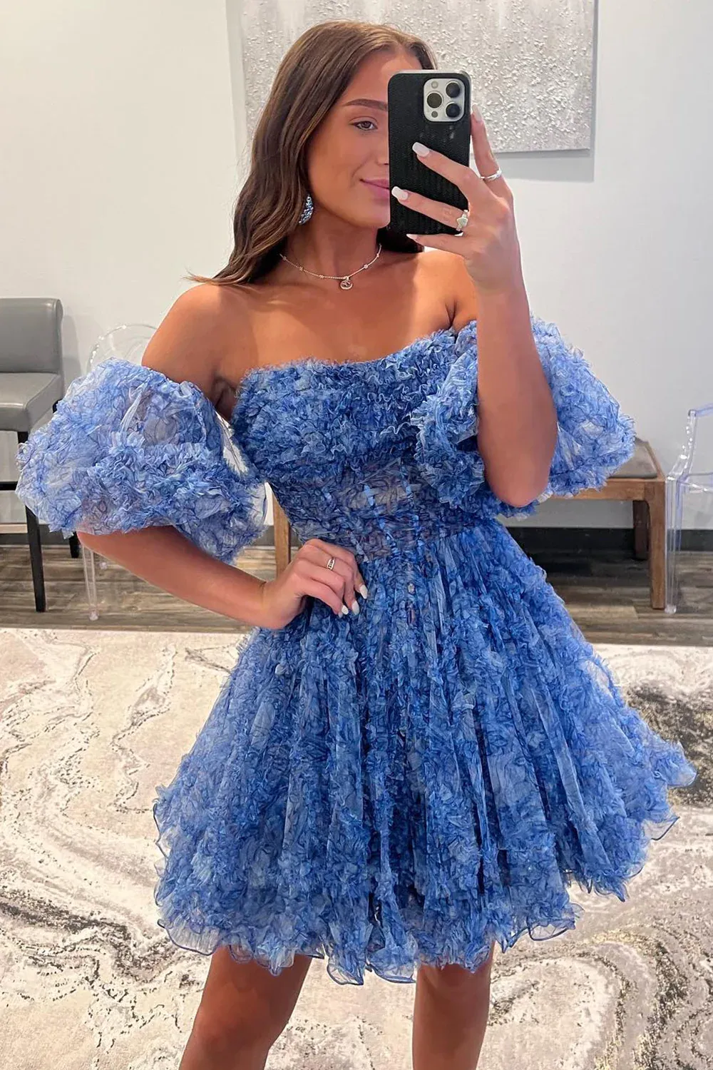A-line Off-the-shoulder Cheap Short Prom Dress Blue Homecoming Dress kts102
