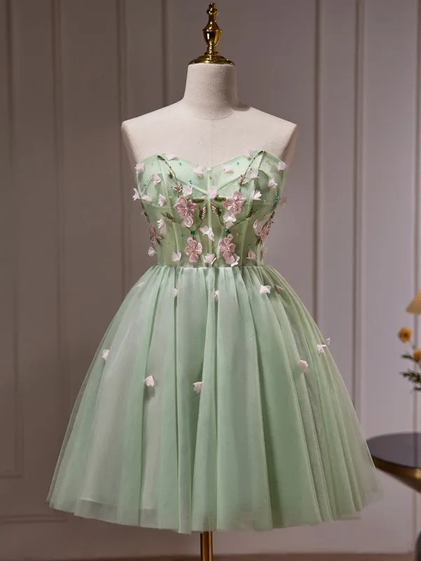 A-line Sage Sweetheart Floral Homecoming Dress Cute Short Graduation Dress KTS010