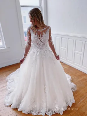 A-line Scoop White Lace Wedding Dresses Long Sleeve Bridal Gowns CBD503