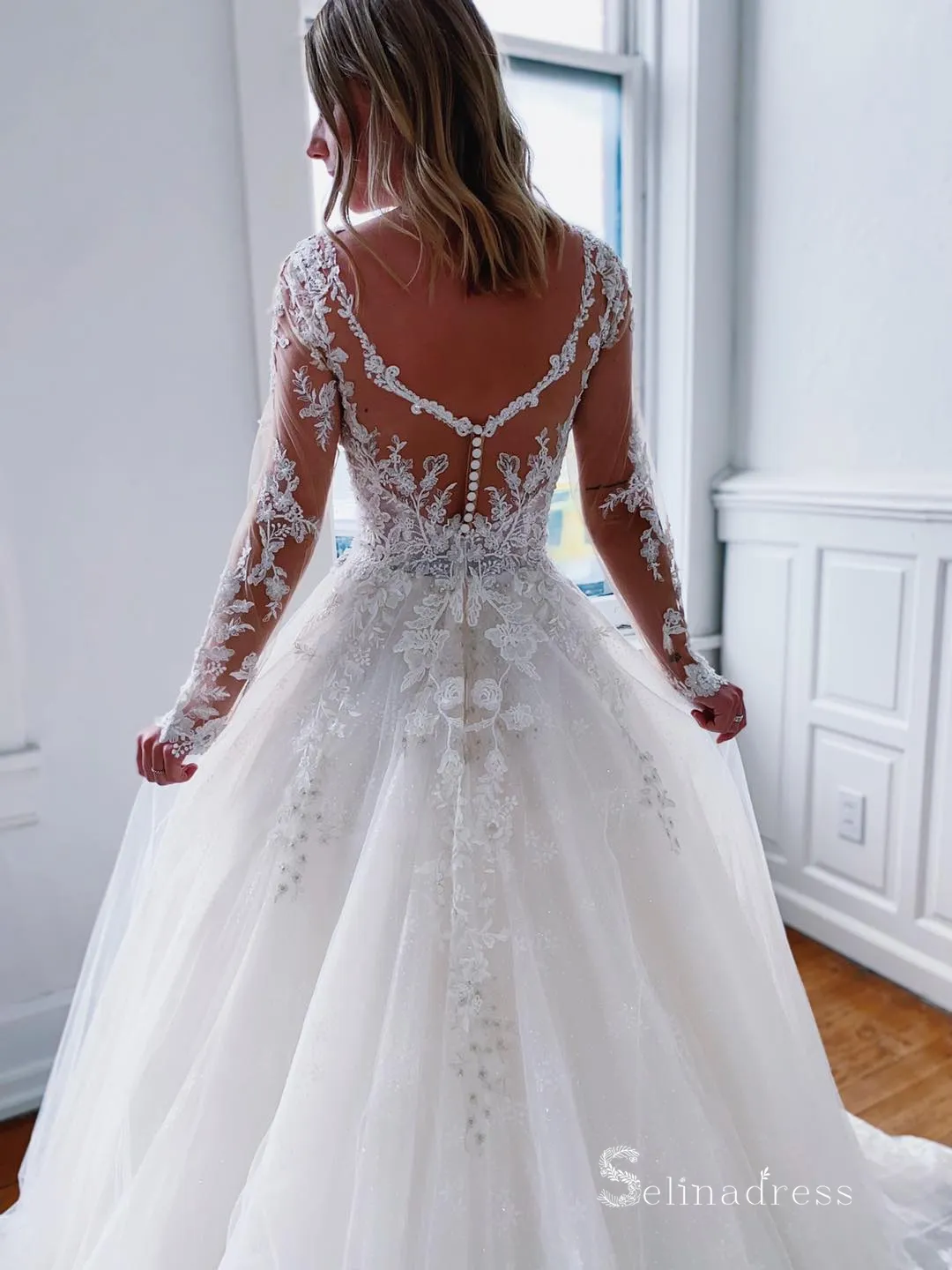 A-line Scoop White Lace Wedding Dresses Long Sleeve Bridal Gowns CBD503
