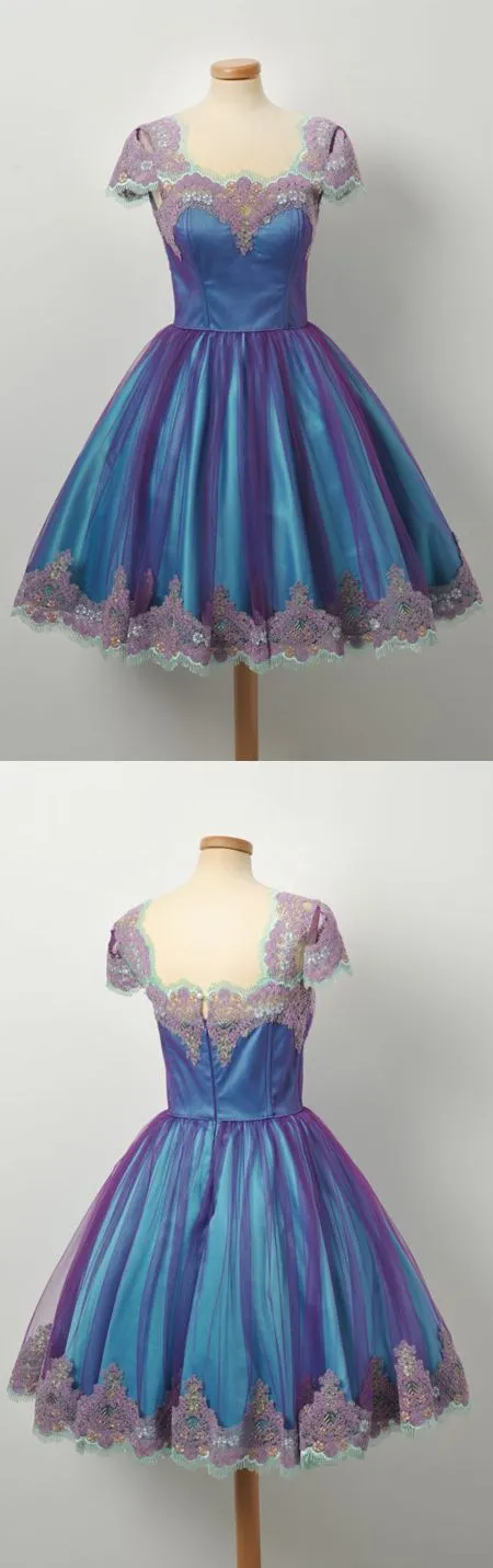 A-line Square Blue Short Prom Dress Lace Vintage Homecoming Dress kts085