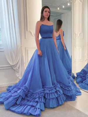 A-line Strapless Blue Long Prom Dress Ruffles Gorgeous Evening Gowns #POL002
