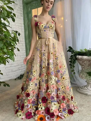 A-line Straps Champagne Long Prom Dress With Flower Modest Evening Dresses HLK015