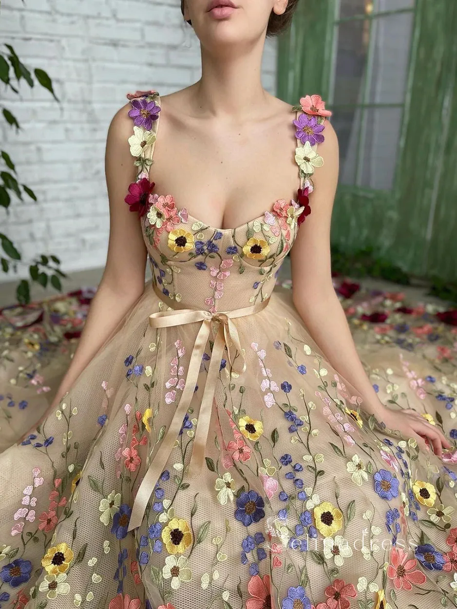 A-line Straps Champagne Long Prom Dress With Flower Modest Evening Dresses HLK015