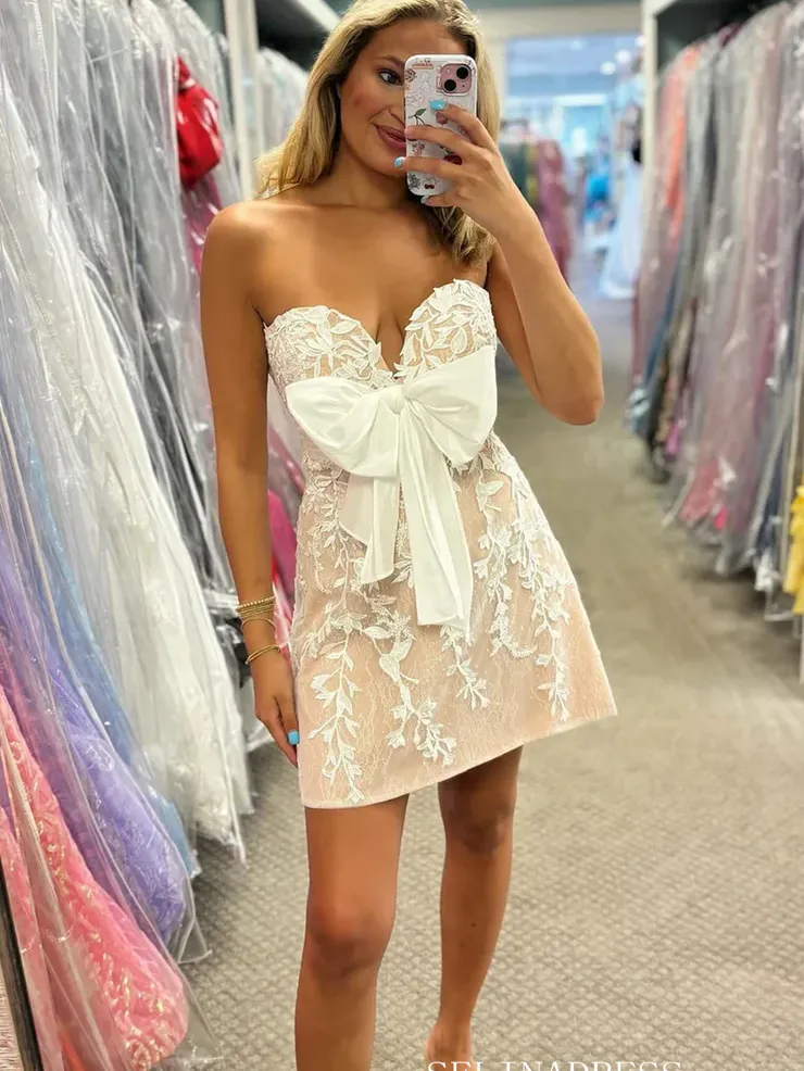 A-line Sweetheart Applique Lace Bowknot Cute Homecoming Dress #EWR715