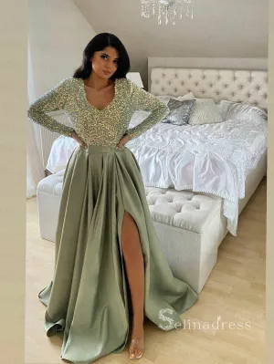 A-line V neck Long Sleeve Green Long Prom Dress Sequins Sparkly Evening Dresses HLK010