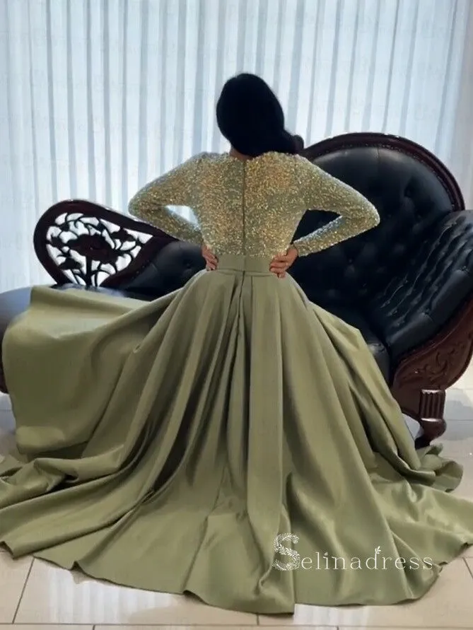A-line V neck Long Sleeve Green Long Prom Dress Sequins Sparkly Evening Dresses HLK010