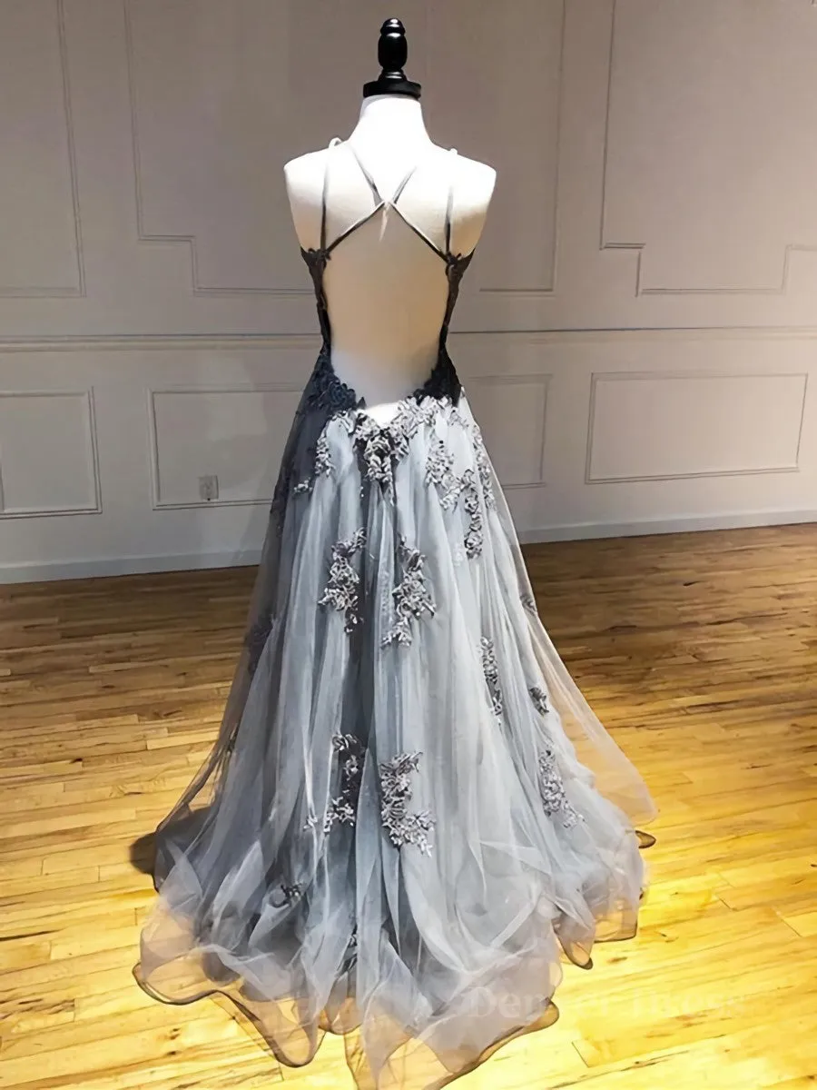 Backless Gray Lace Prom Dresses Backless Gray Lace Formal Evening Graduation Dresses