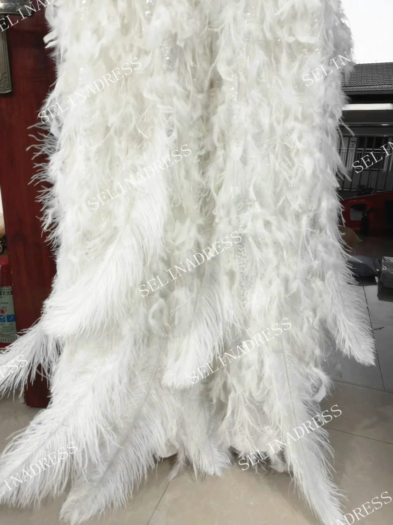 Beaded Long Sleeve Wedding Dresses Feather High Slit Stunning Bridal Dresses LKO002
