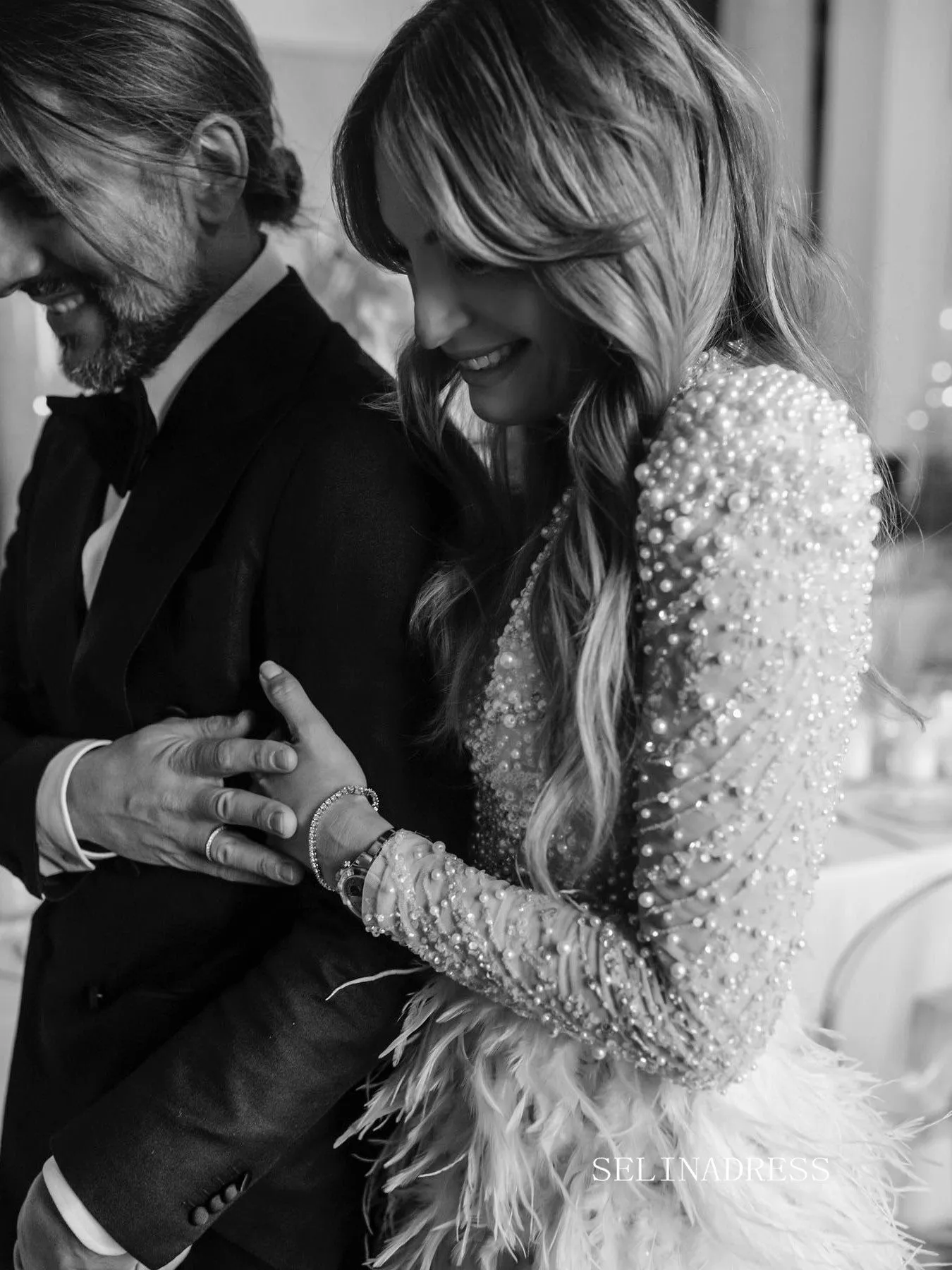 Beaded Long Sleeve Wedding Dresses Feather High Slit Stunning Bridal Dresses LKO002