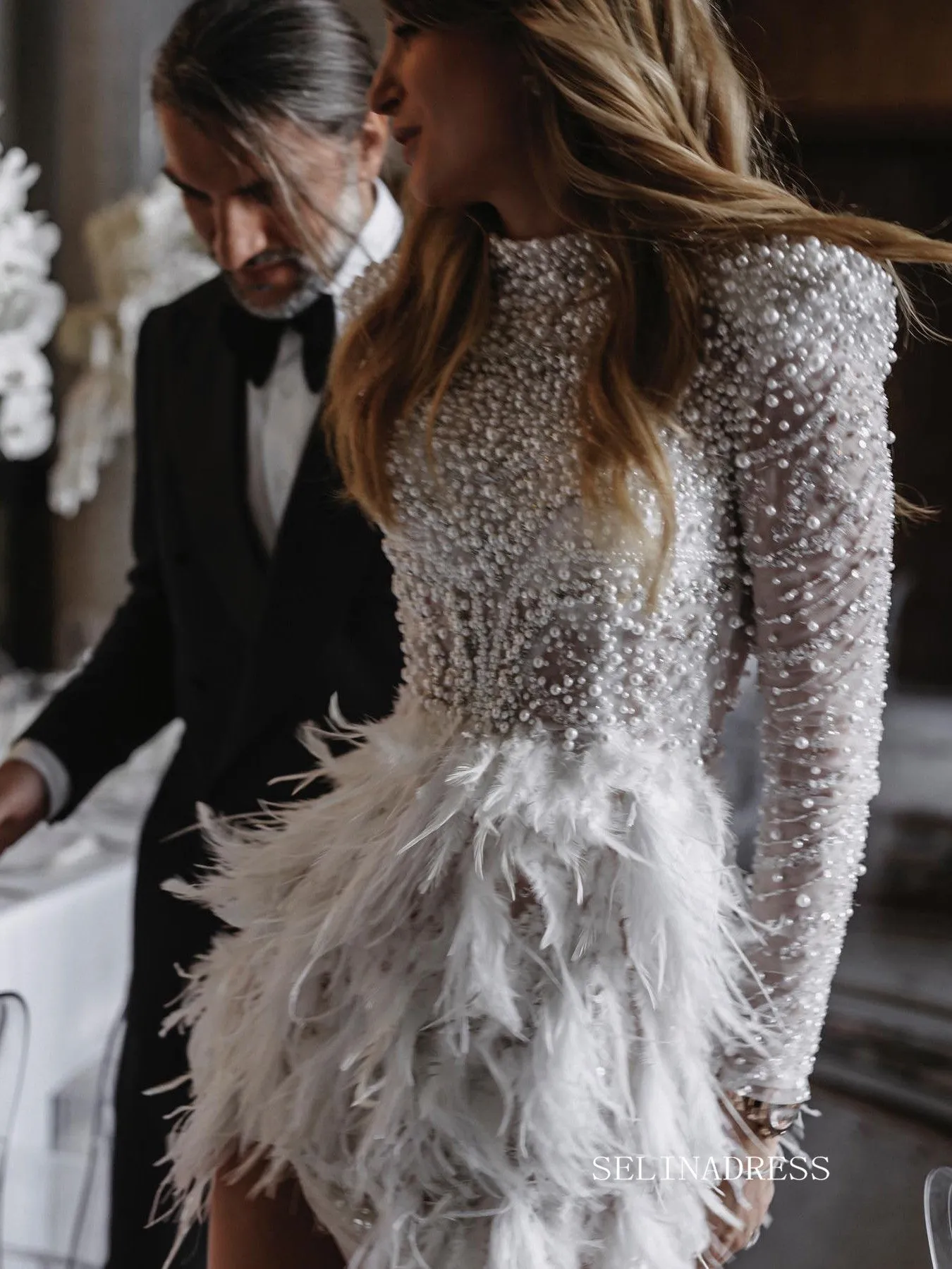 Beaded Long Sleeve Wedding Dresses Feather High Slit Stunning Bridal Dresses LKO002