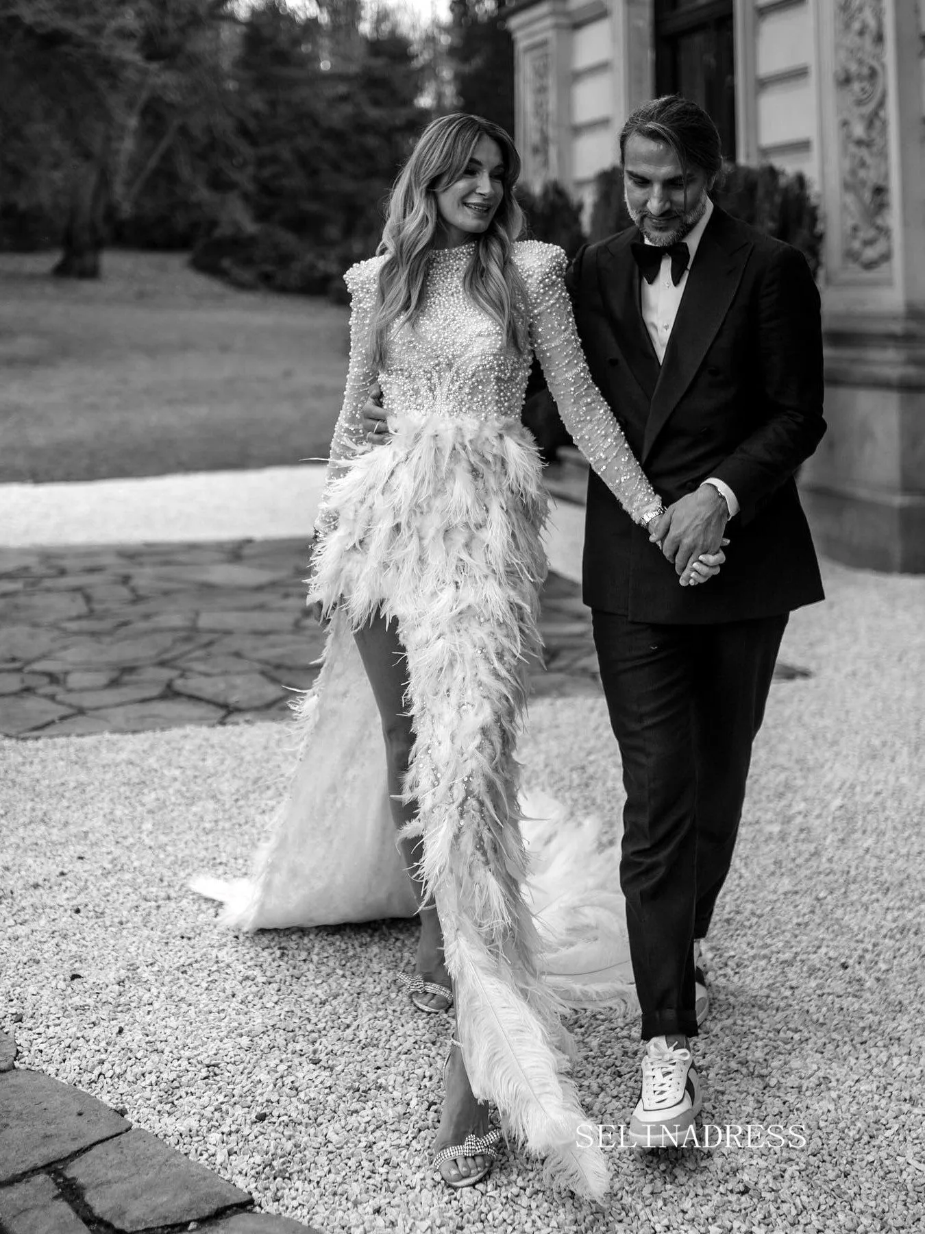 Beaded Long Sleeve Wedding Dresses Feather High Slit Stunning Bridal Dresses LKO002