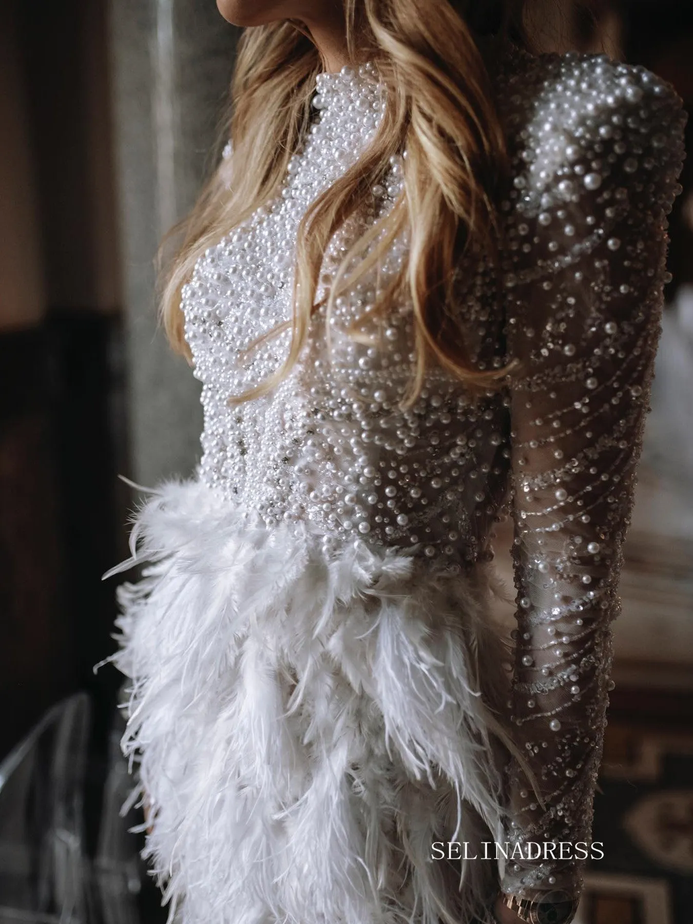 Beaded Long Sleeve Wedding Dresses Feather High Slit Stunning Bridal Dresses LKO002