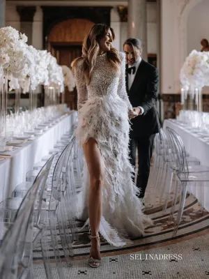 Beaded Long Sleeve Wedding Dresses Feather High Slit Stunning Bridal Dresses LKO002