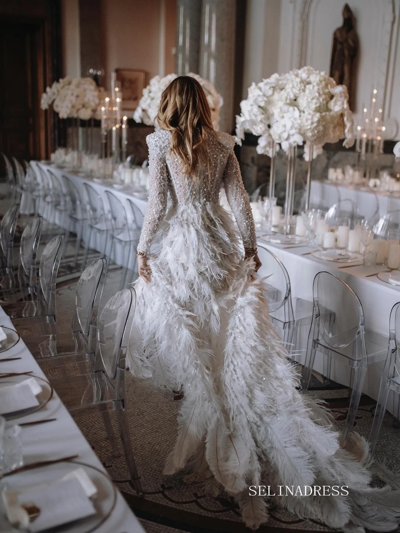 Beaded Long Sleeve Wedding Dresses Feather High Slit Stunning Bridal Dresses LKO002