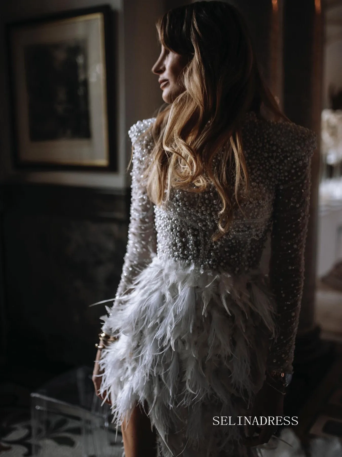Beaded Long Sleeve Wedding Dresses Feather High Slit Stunning Bridal Dresses LKO002
