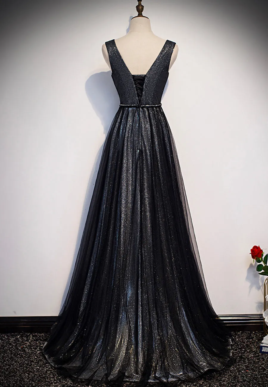 Black V-Neck Tulle Long Prom Dresses A-Line Evening Dresses