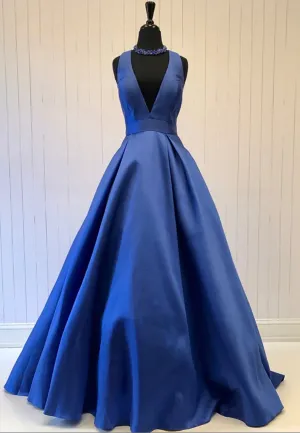 Blue V-Neck Saitn Long Prom Dresses A-Line Evening Dresses