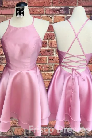 Candy Pink Spaghetti Straps Sleeveless Stain Short Prom Dresses Homecoming Dresses