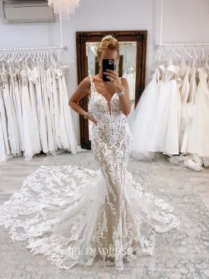Cathedral Train Vintage Wedding Dresses Mermaid Open Back Wedding Dress KPY069