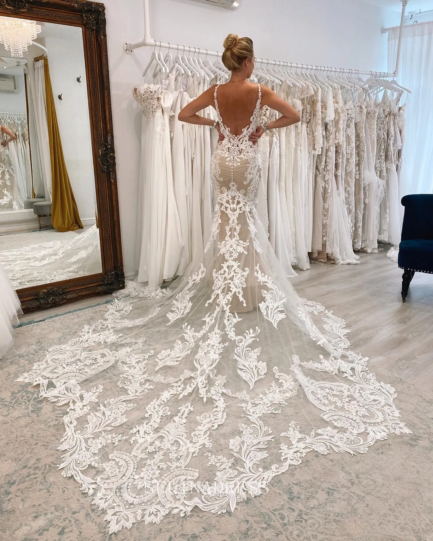 Cathedral Train Vintage Wedding Dresses Mermaid Open Back Wedding Dress KPY069
