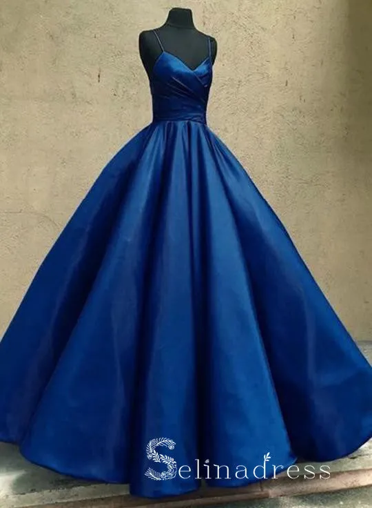 Dark Blue Prom Dresses Ball Gown Spaghetti Straps Long Prom Gown Evening Dress SED138