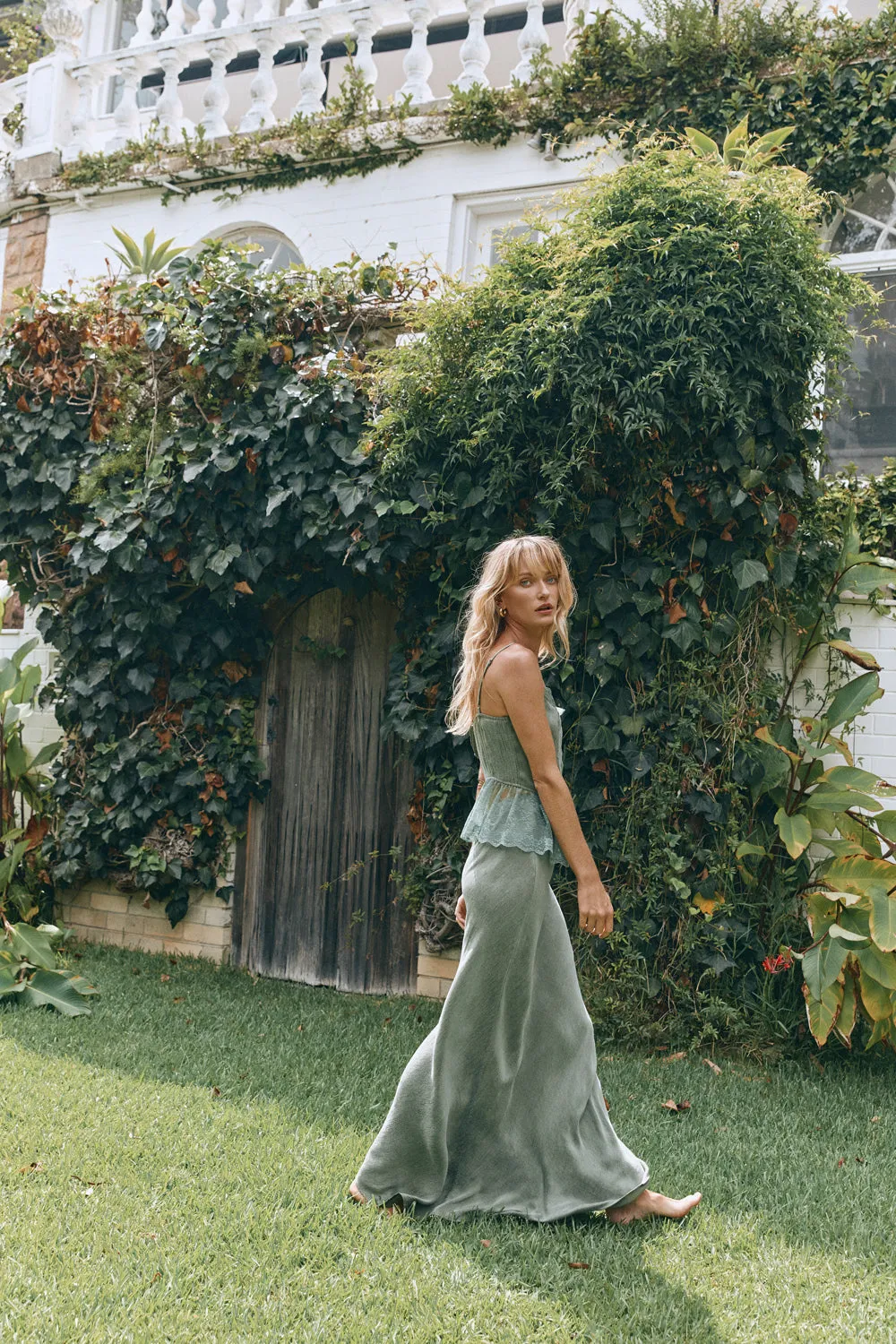 Ena Elegant Forest Green Bias-Cut Maxi Skirt