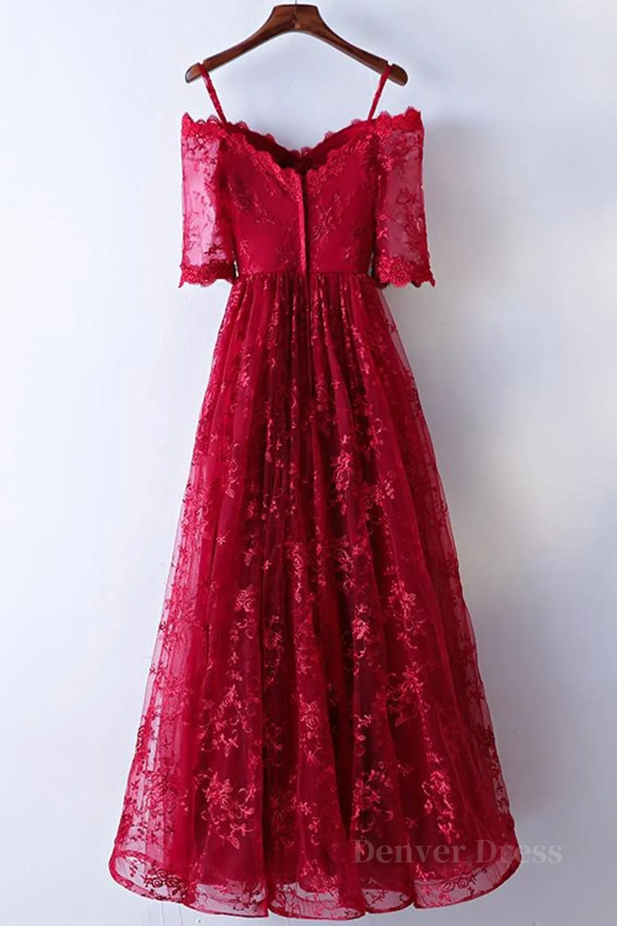 Half Sleeves Burgundy Lace Prom Dresses Wine Red Half Sleeves Long Lace Formal Evening Dresses