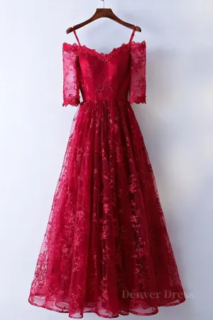 Half Sleeves Burgundy Lace Prom Dresses Wine Red Half Sleeves Long Lace Formal Evening Dresses
