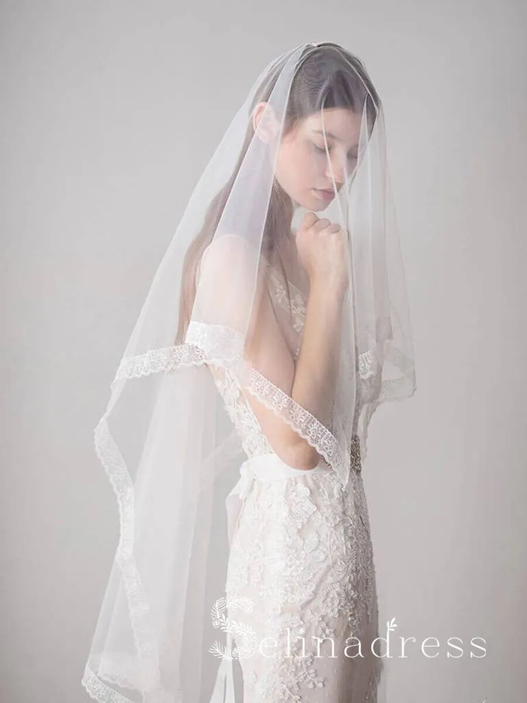 Lace Hemline Ivory Tulle Wedding Veils ALC010