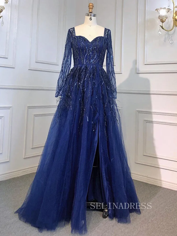 Luxury Long Sleeve Feather Beaded Evening Gowns Long Formal Dresses LA71468