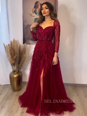 Luxury Long Sleeve Feather Beaded Evening Gowns Long Formal Dresses LA71468