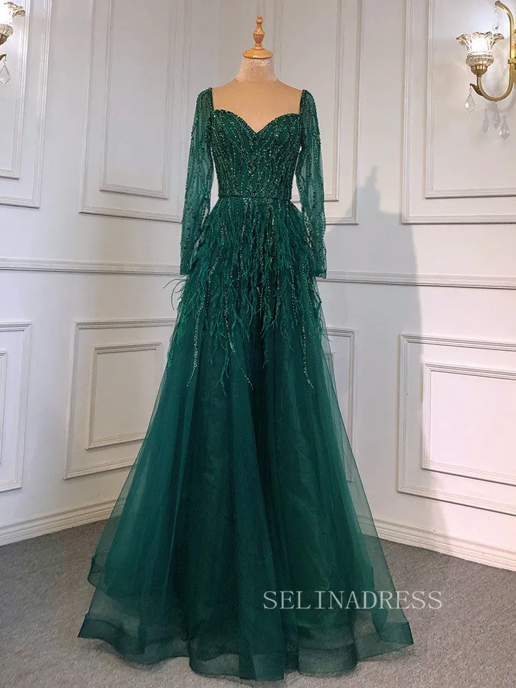 Luxury Long Sleeve Feather Beaded Evening Gowns Long Formal Dresses LA71468