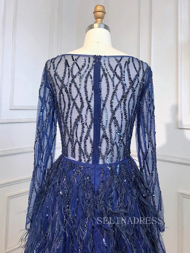 Luxury Long Sleeve Feather Beaded Evening Gowns Long Formal Dresses LA71468