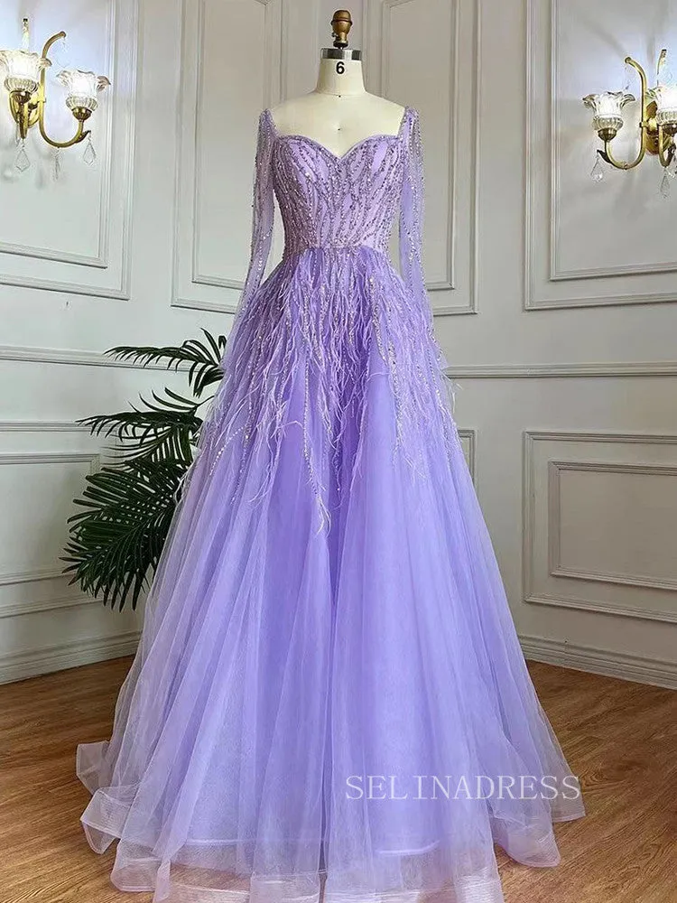 Luxury Long Sleeve Feather Beaded Evening Gowns Long Formal Dresses LA71468