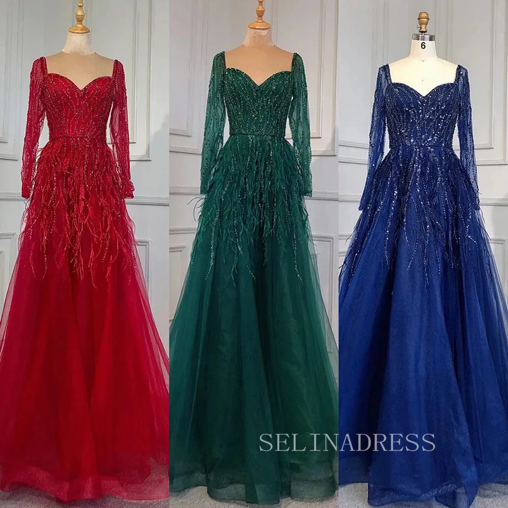 Luxury Long Sleeve Feather Beaded Evening Gowns Long Formal Dresses LA71468