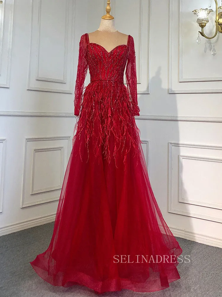 Luxury Long Sleeve Feather Beaded Evening Gowns Long Formal Dresses LA71468