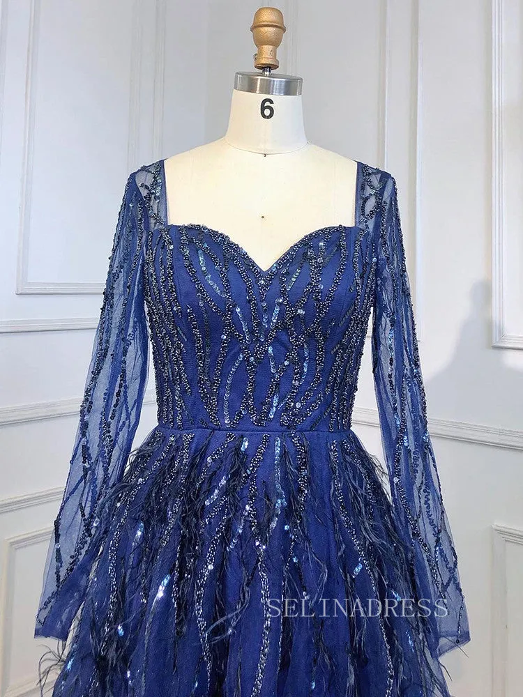 Luxury Long Sleeve Feather Beaded Evening Gowns Long Formal Dresses LA71468