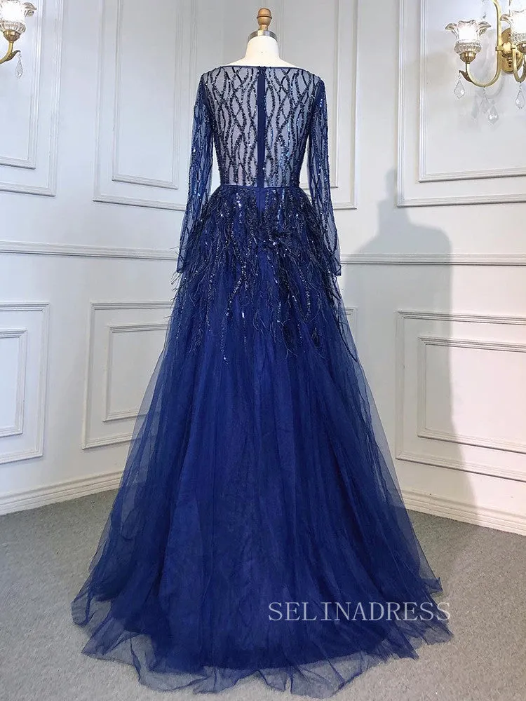 Luxury Long Sleeve Feather Beaded Evening Gowns Long Formal Dresses LA71468