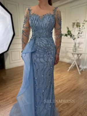 Luxury Mermaid Scoop Long Sleeve Evening Gowns Beaded Formal Dresses LA72044
